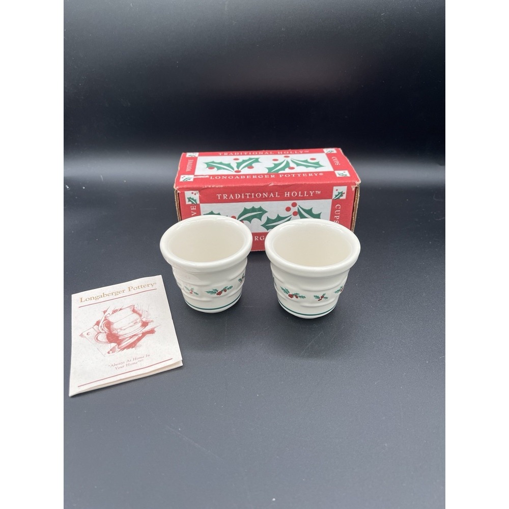 🎄Longaberger 1998 Pottery Votives–Set of 2–Traditional Holly–Christmas–NIB🎄